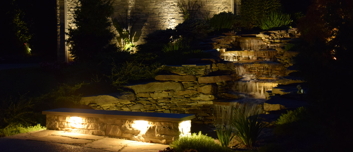 LED landscape lighting of plants and stairway