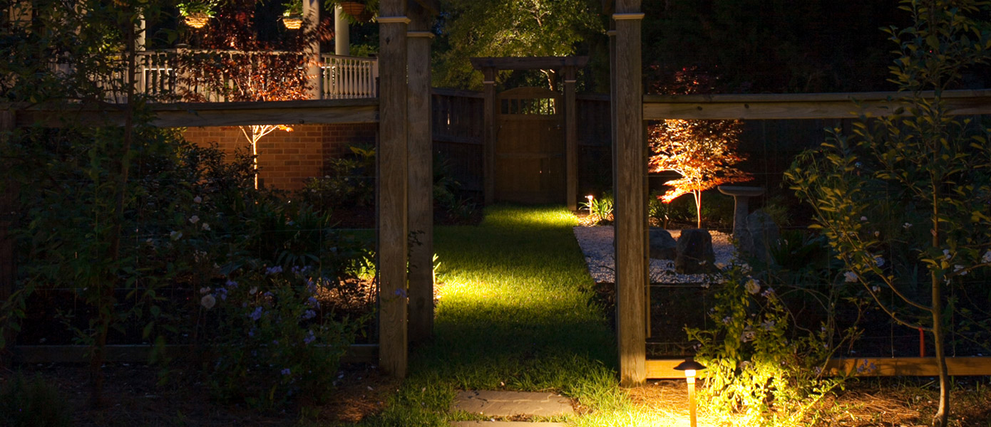 backyard, deck, and plants lit with OLP lighting 