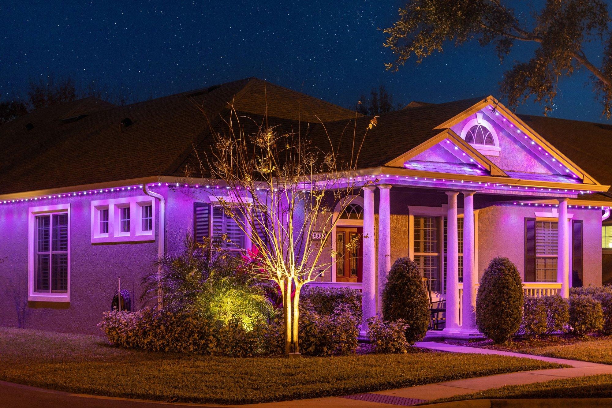 Florida home bathed in rich purple permanent roofline lighting with up-lit landscaping