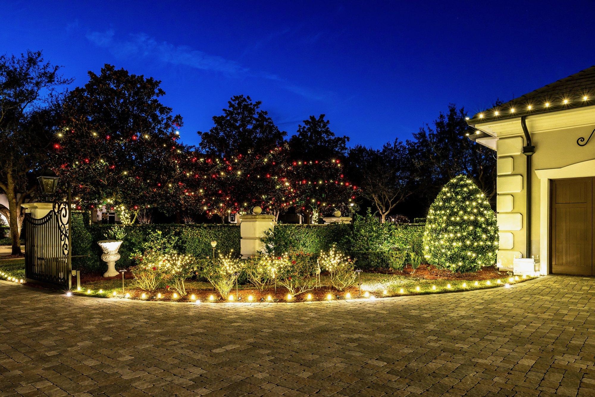 Driveway and garden bordered with glowing holiday lights leading to a lit tree and hedges