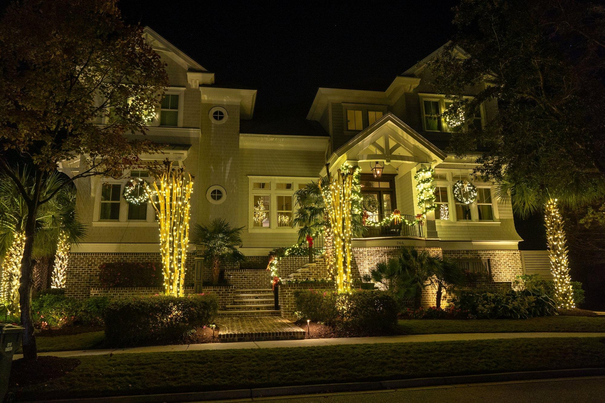 Lowcountry home with palms and trees wrapped in warm white twinkling lights and wreaths in each window
