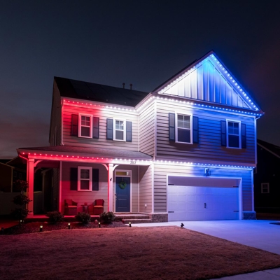 Red, White and Blue Blocked Exterior Roofline Lighting Photo