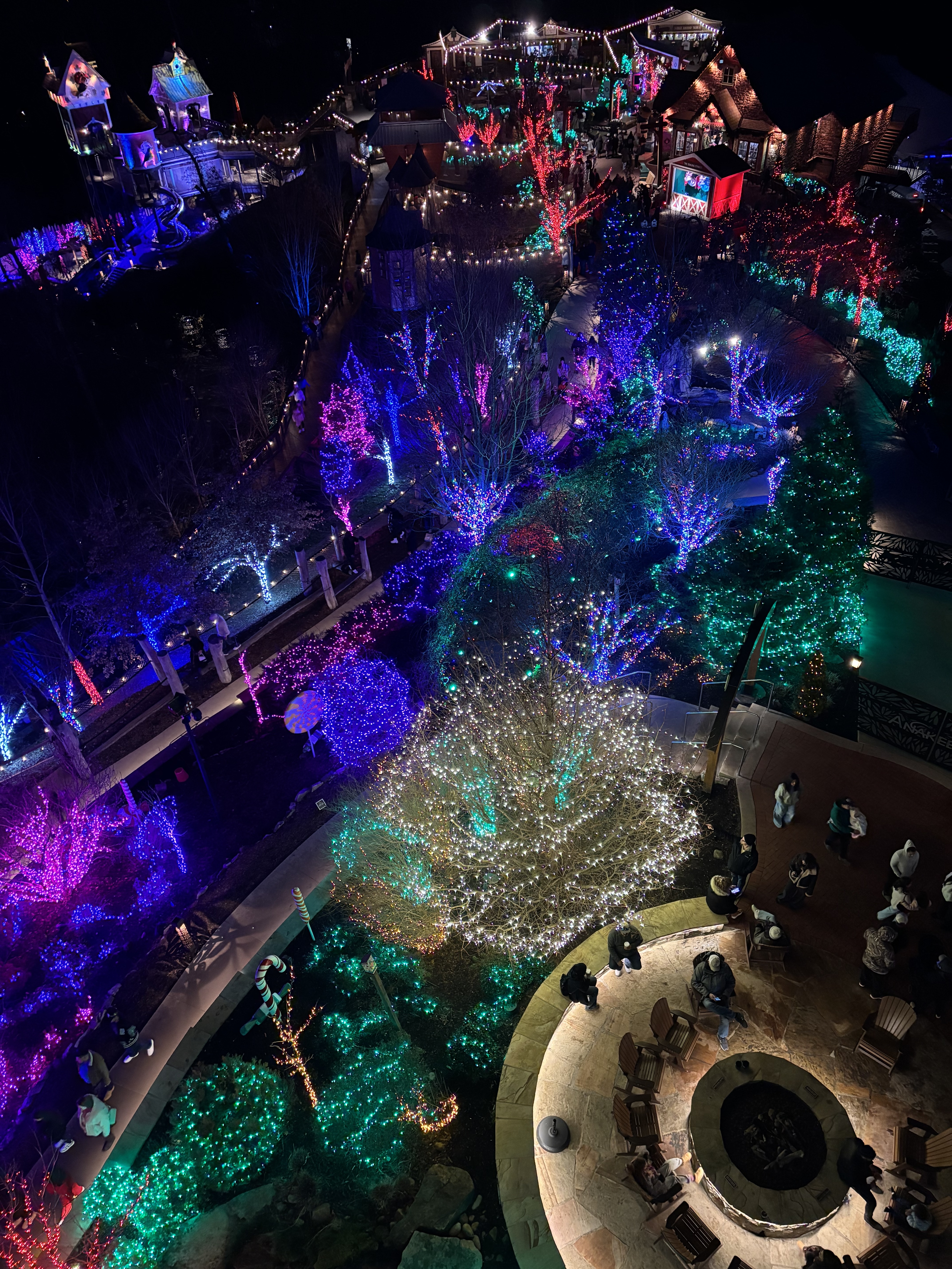 christmas lights in a park ariel view