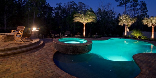 Lighted Pool and Palm Trees