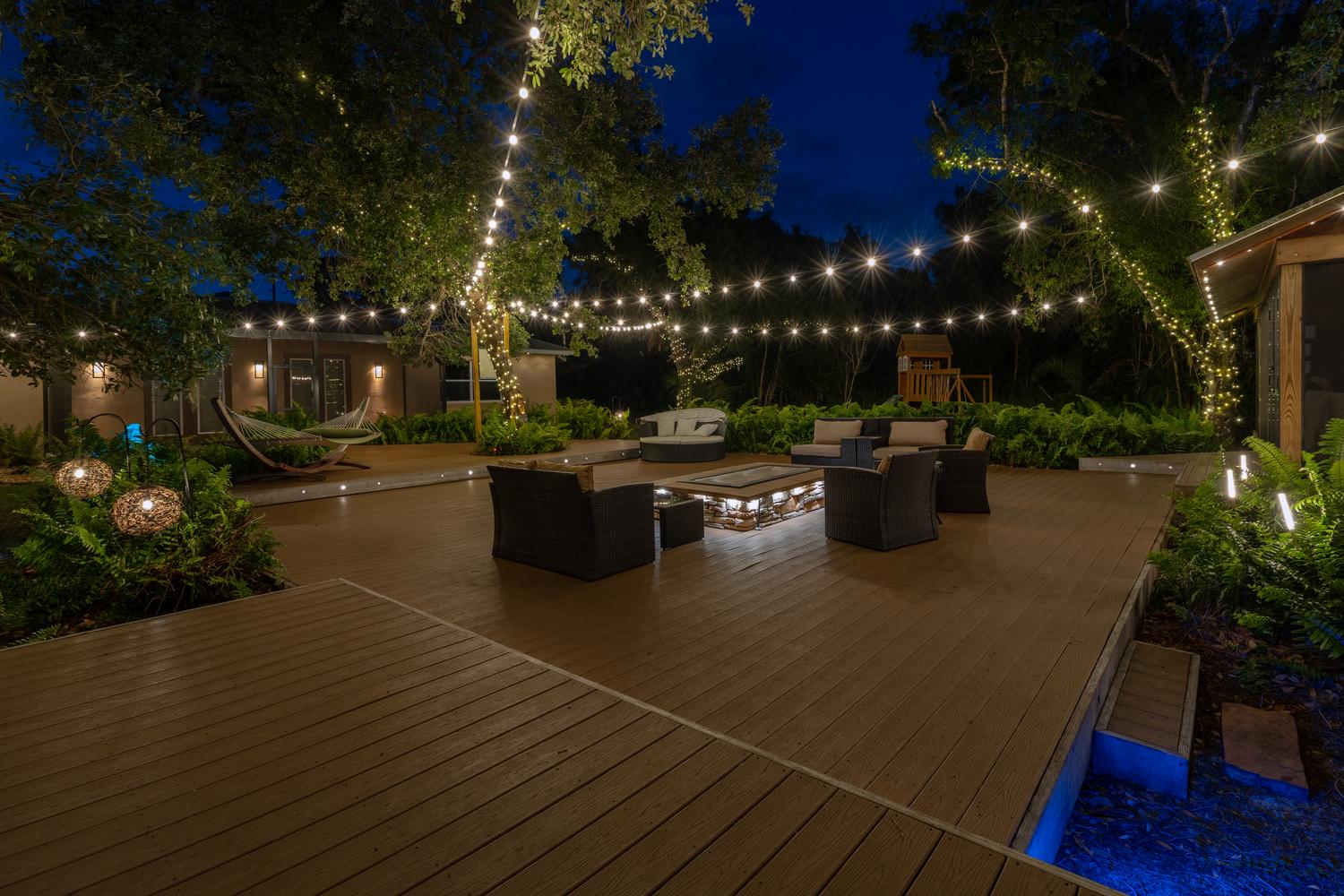 large deck with string lights