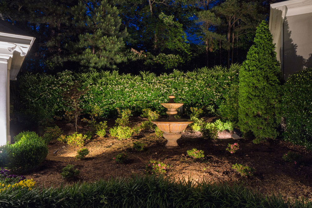 Charlotte garden with professional outdoor lighting