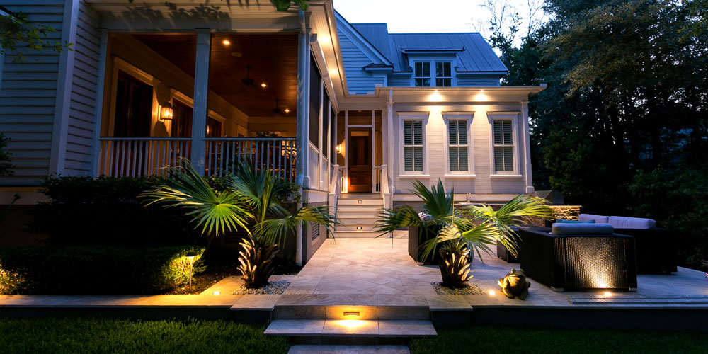 South Carolina home with outdoor lighting 