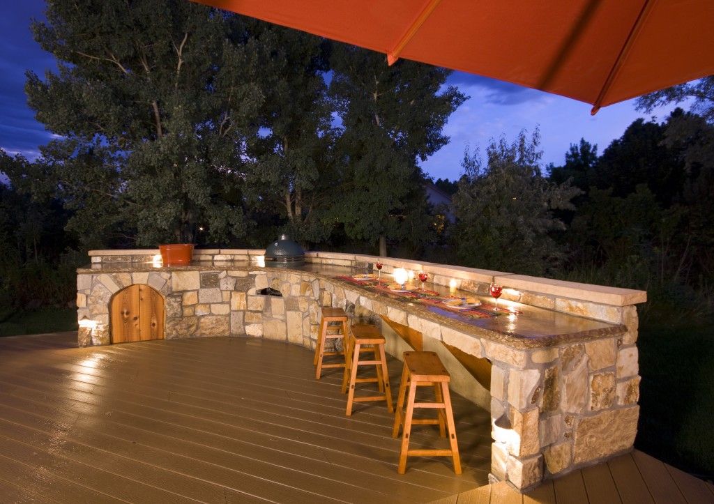 Deck with seating area and lighting