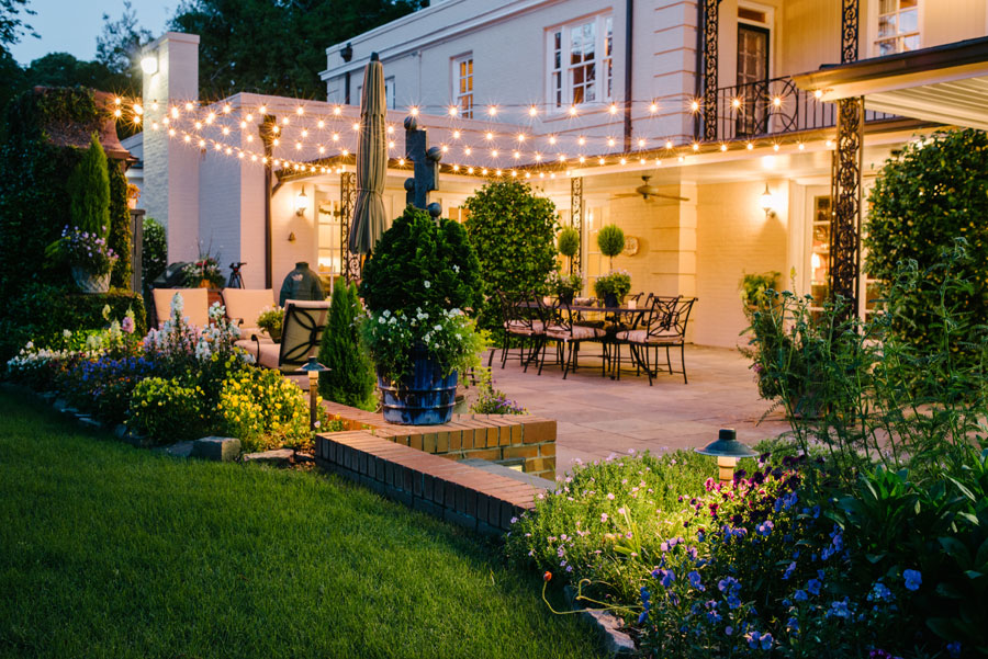 Outdoor patio with festive lighting