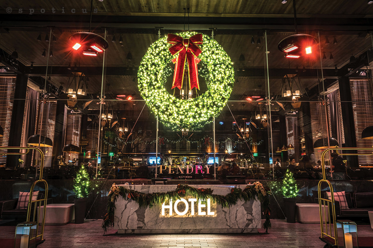 Interior commercial building with wreath holiday lighting