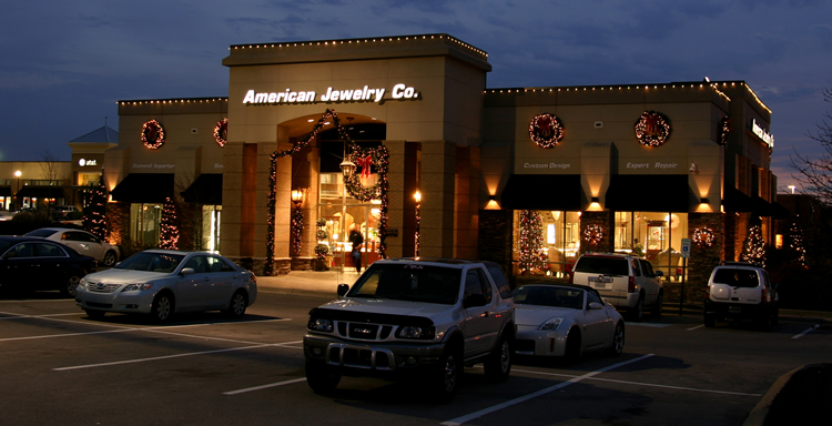 Exterior commercial building with holiday lighting