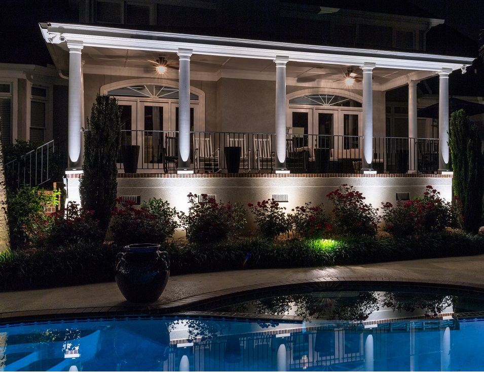 Exterior deck and pool with lighting