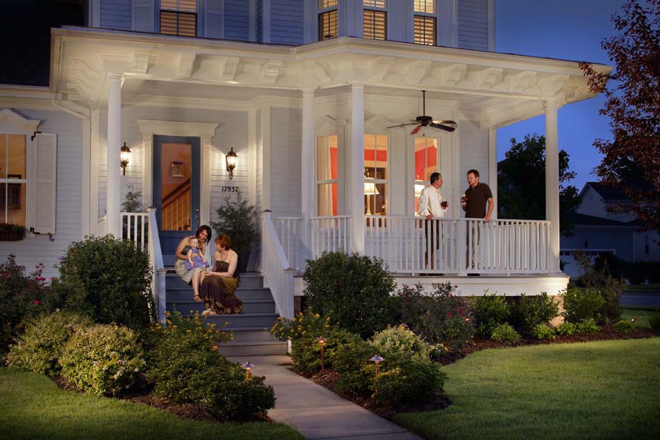 Front porch and landscape with lighting