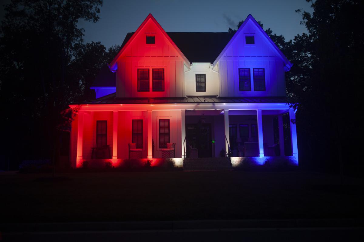red, white, and blue lighting on house 