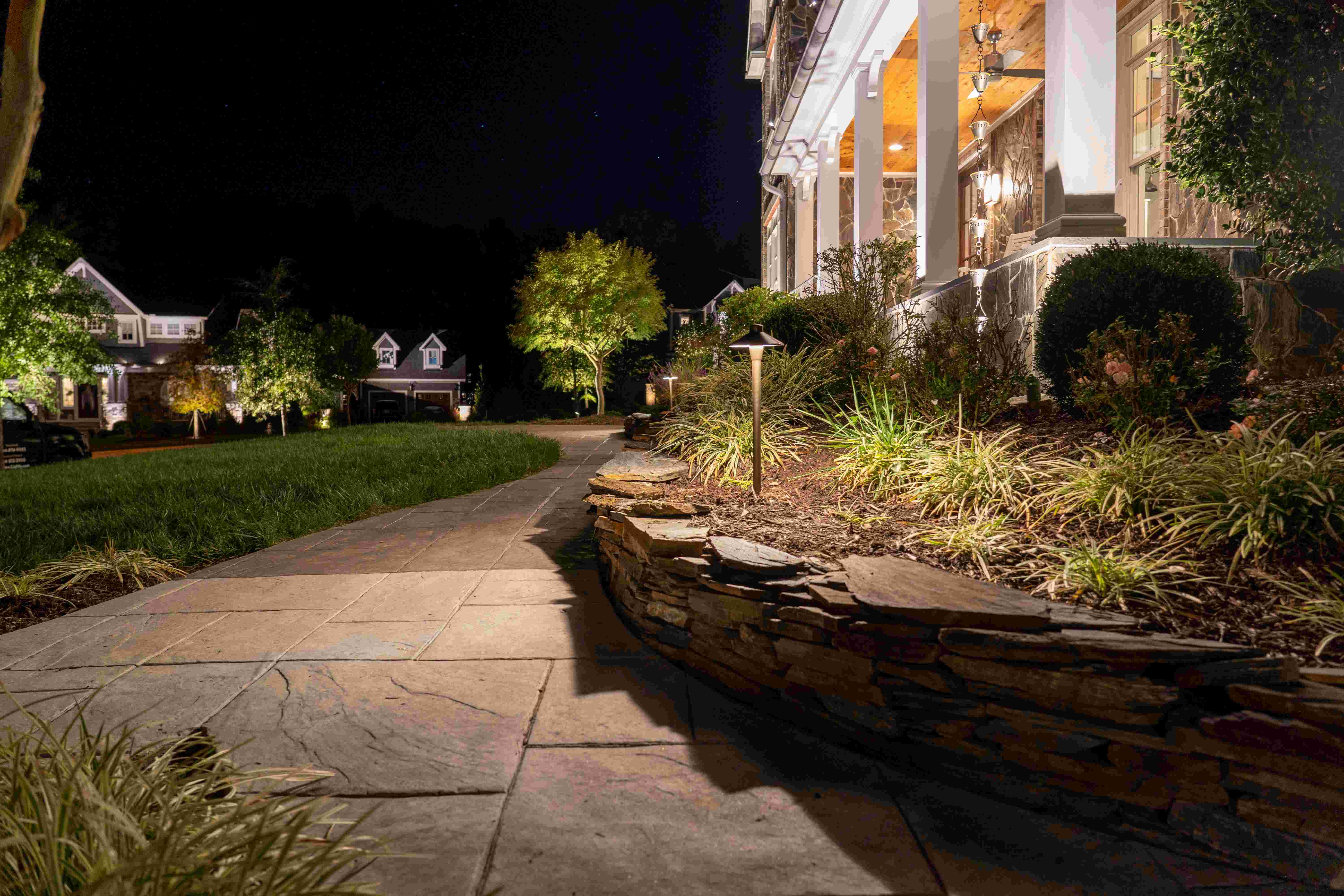 LED lighting in a front yard of a greenvillle home
