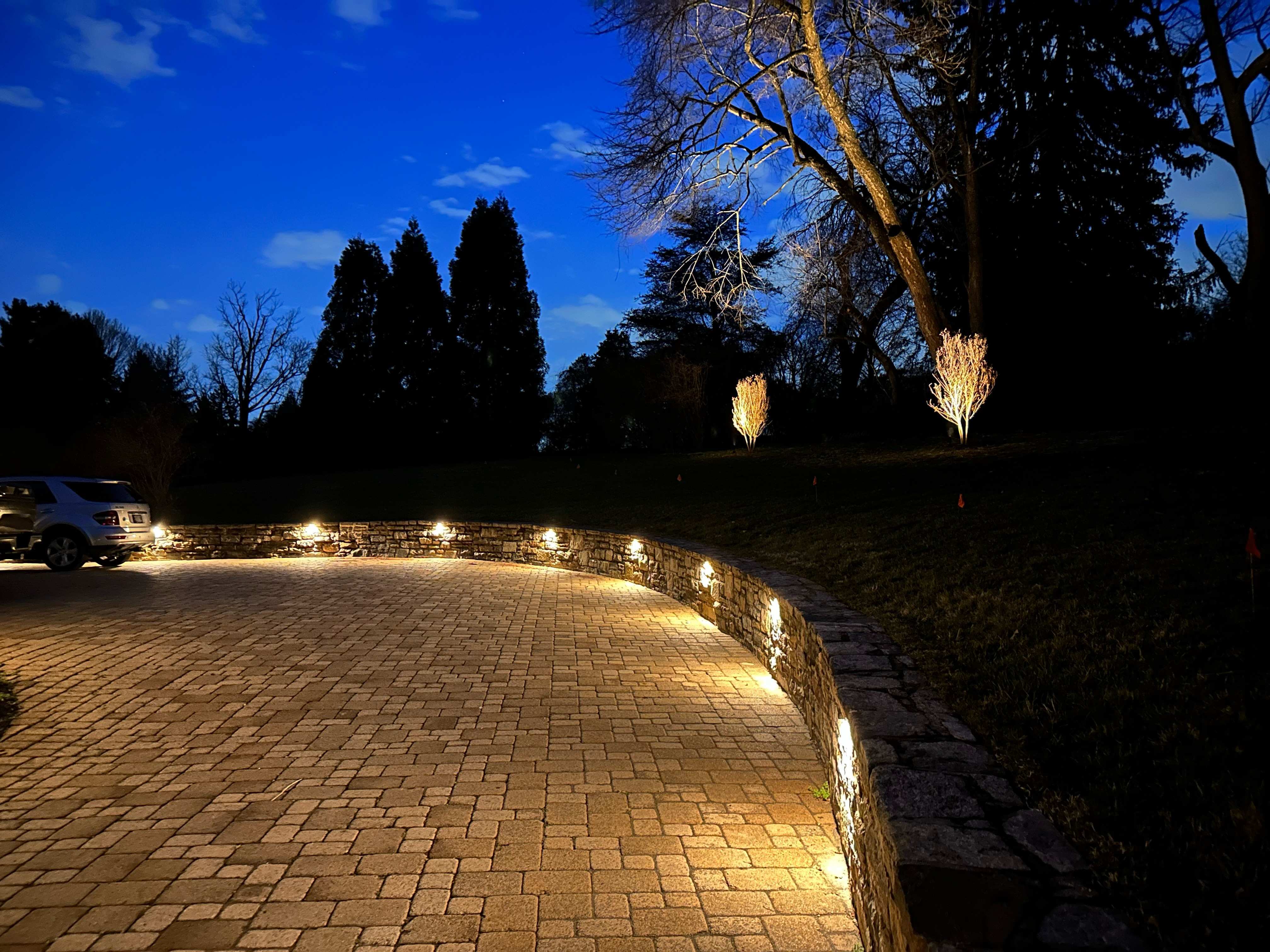 outdoor lights on a stone walkway