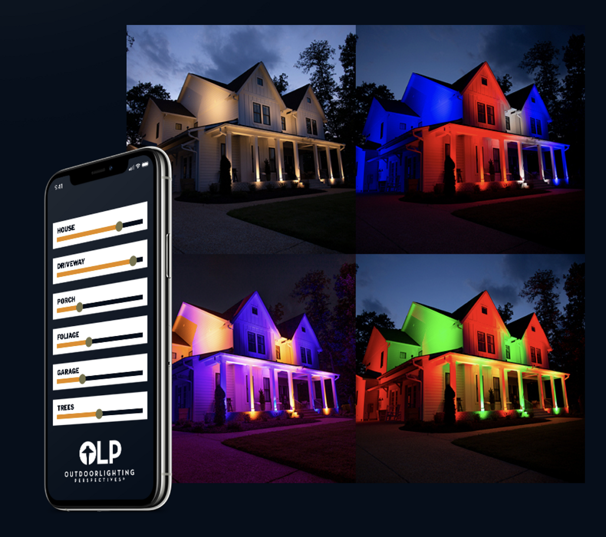 colorful uplighting on house