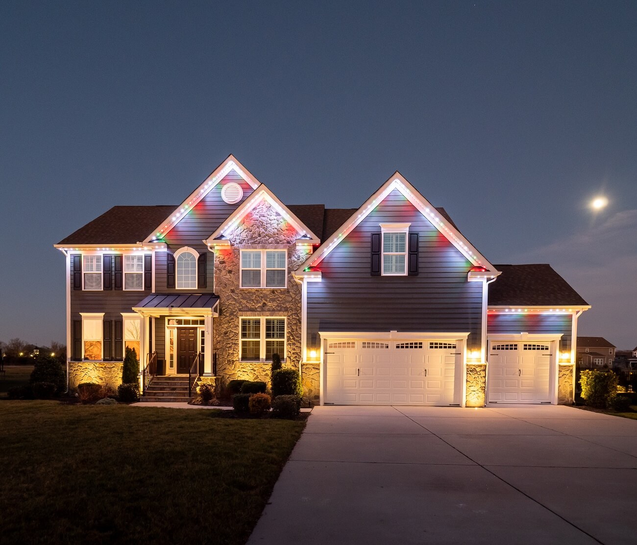 red and white roofline lighting