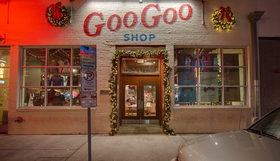 The Goo Goo Shop with holiday decorations and lighting