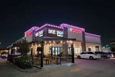 bagel shop with custom outdoor lighting