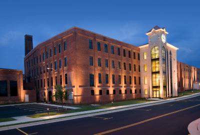 large building with outdoor lighting