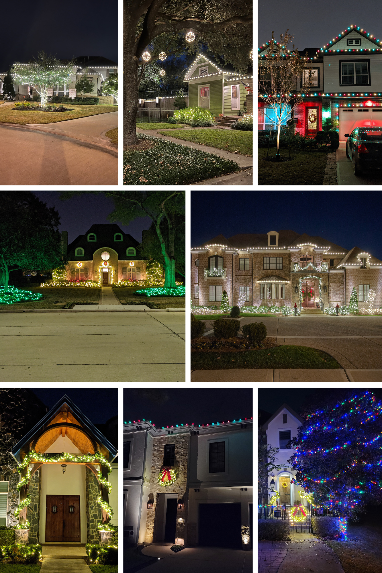 collage of houses with holiday lighting
