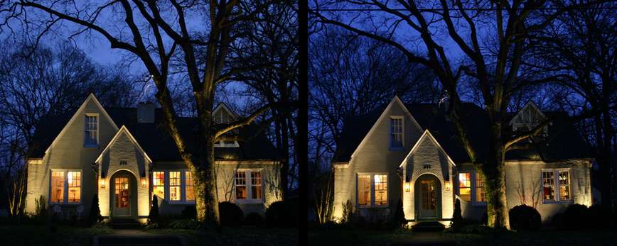 Two houses with outdoor lighting