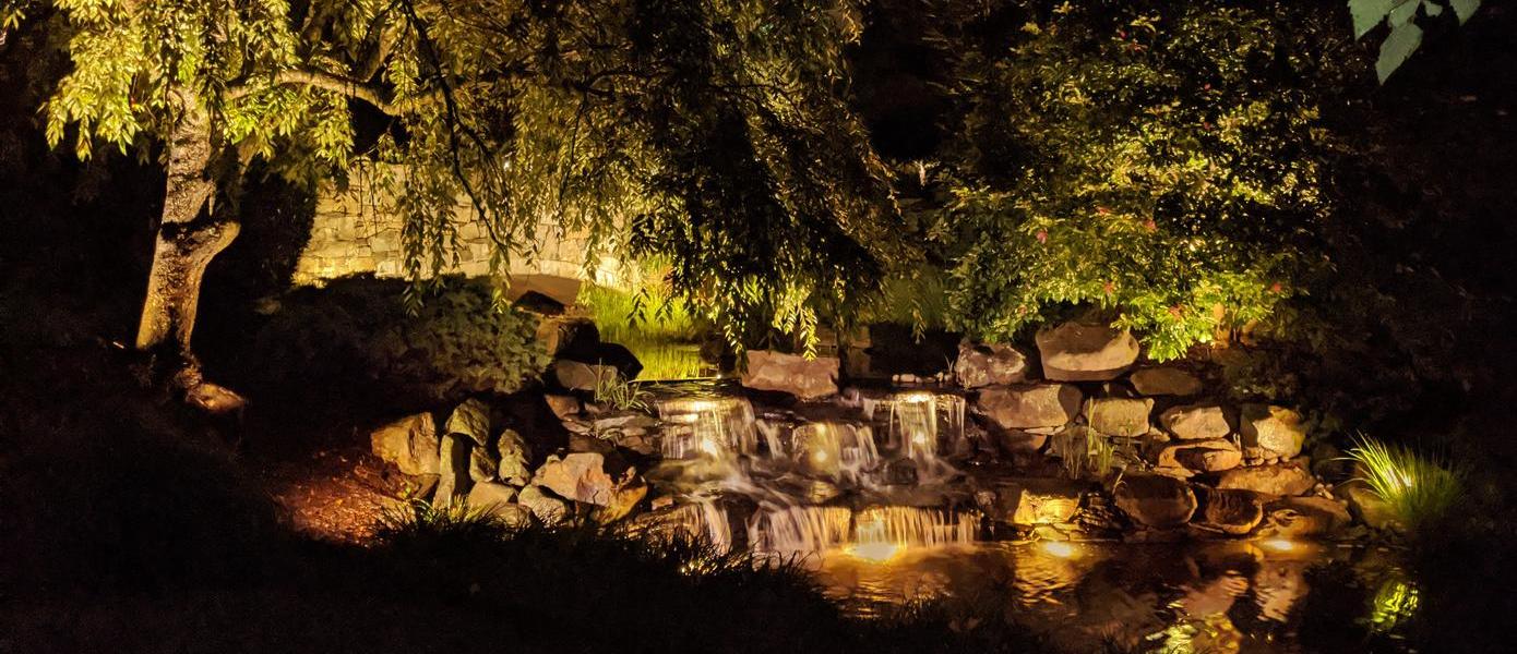 landscape lighting with waterfall feature