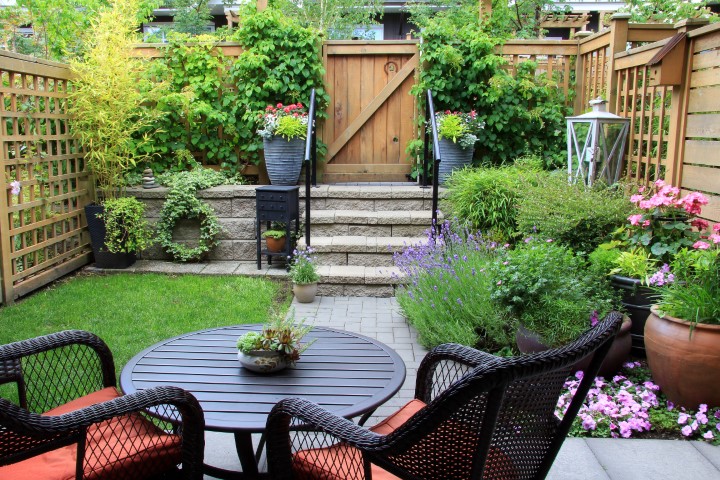 backyard patio with garden and seating