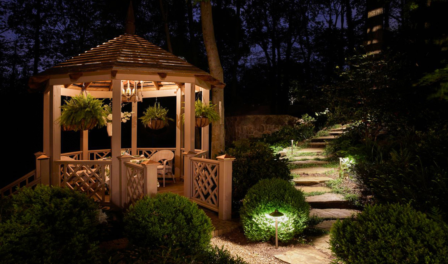 A gazebo in a garden at nightDescription automatically generated with medium confidence
