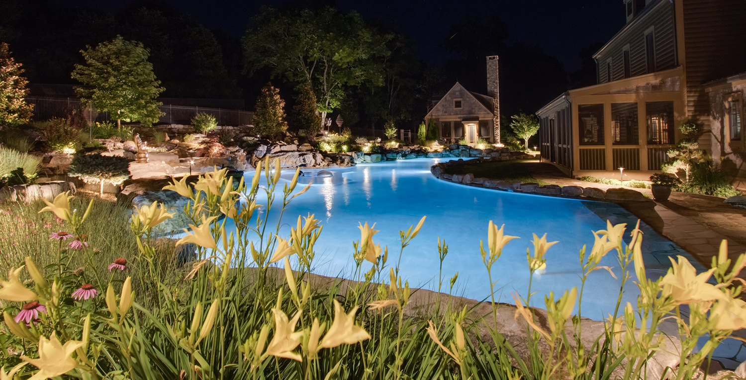 pool, patio, plants and outdoor lighting