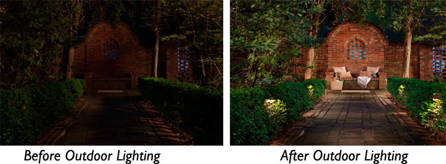 Backyard with and without outdoor lighting