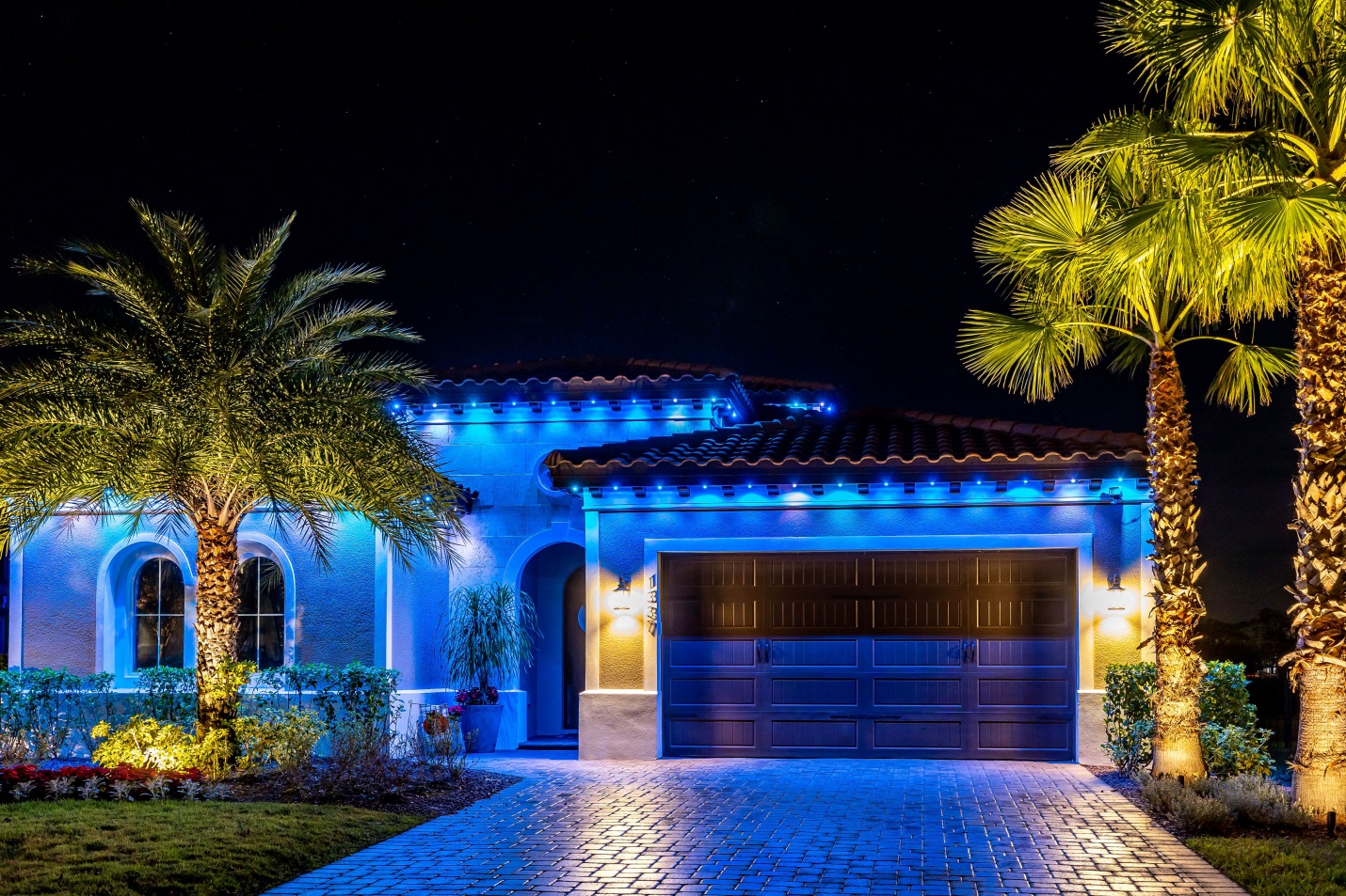blue roofline lighting on a house in Florida with palm trees