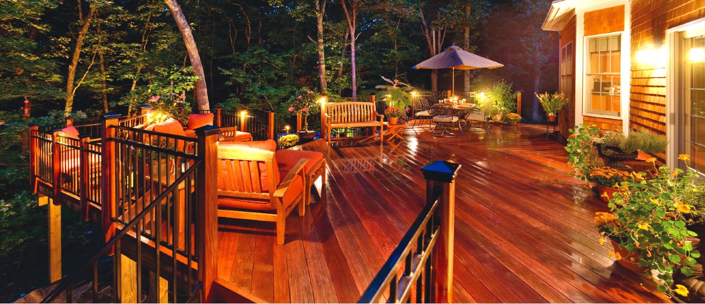 raised deck, seating and outdoor lighting