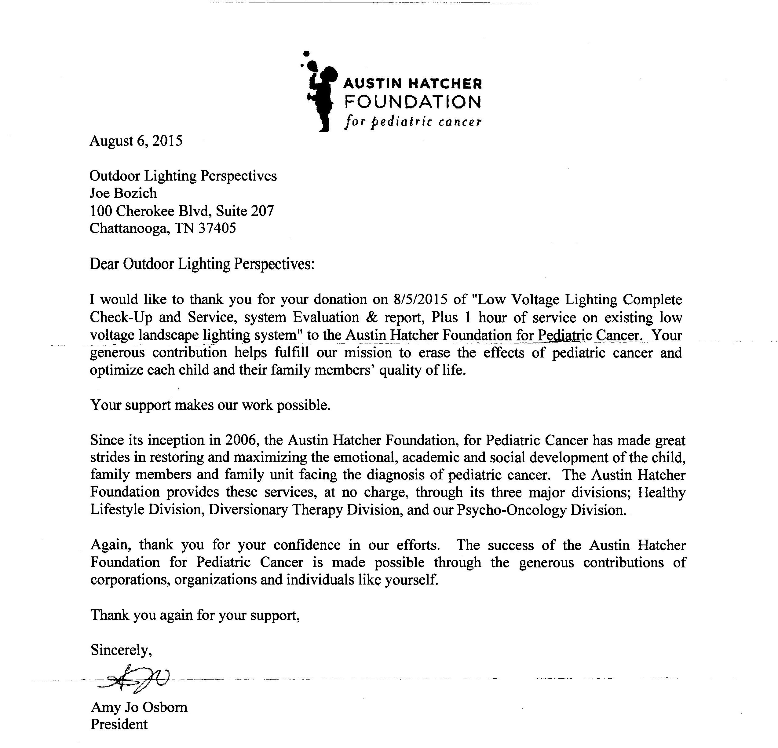 Austin Hatcher Foundation for Pediatric Cancer Contribution Letter