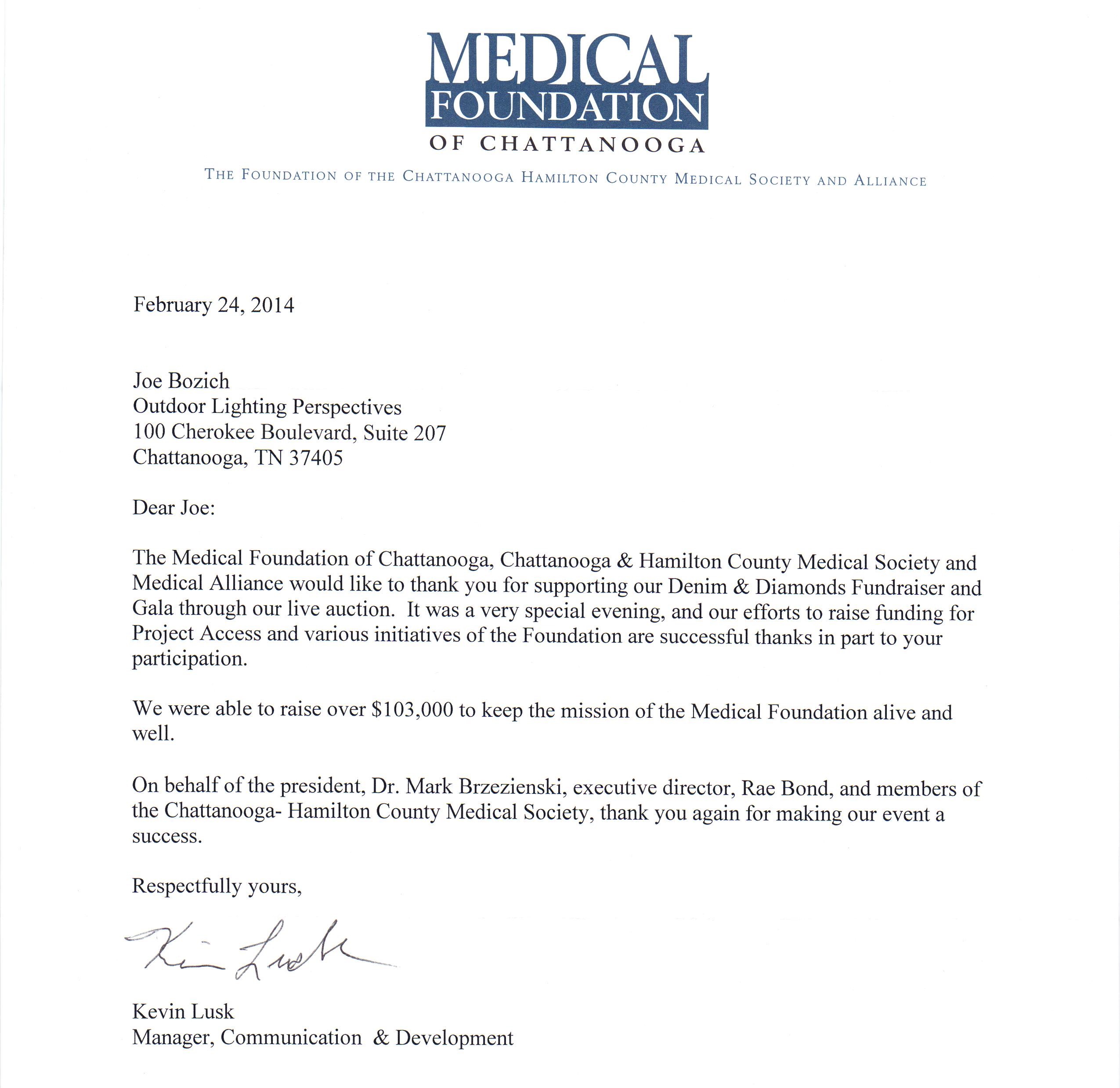 Medical Foundation of Chattanooga Contribution Letter