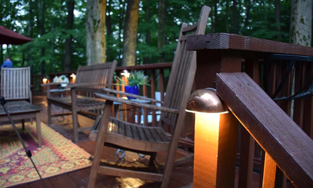deck with copper light fixture