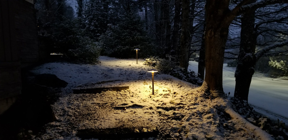 Yard covered in snow with pathway lighting