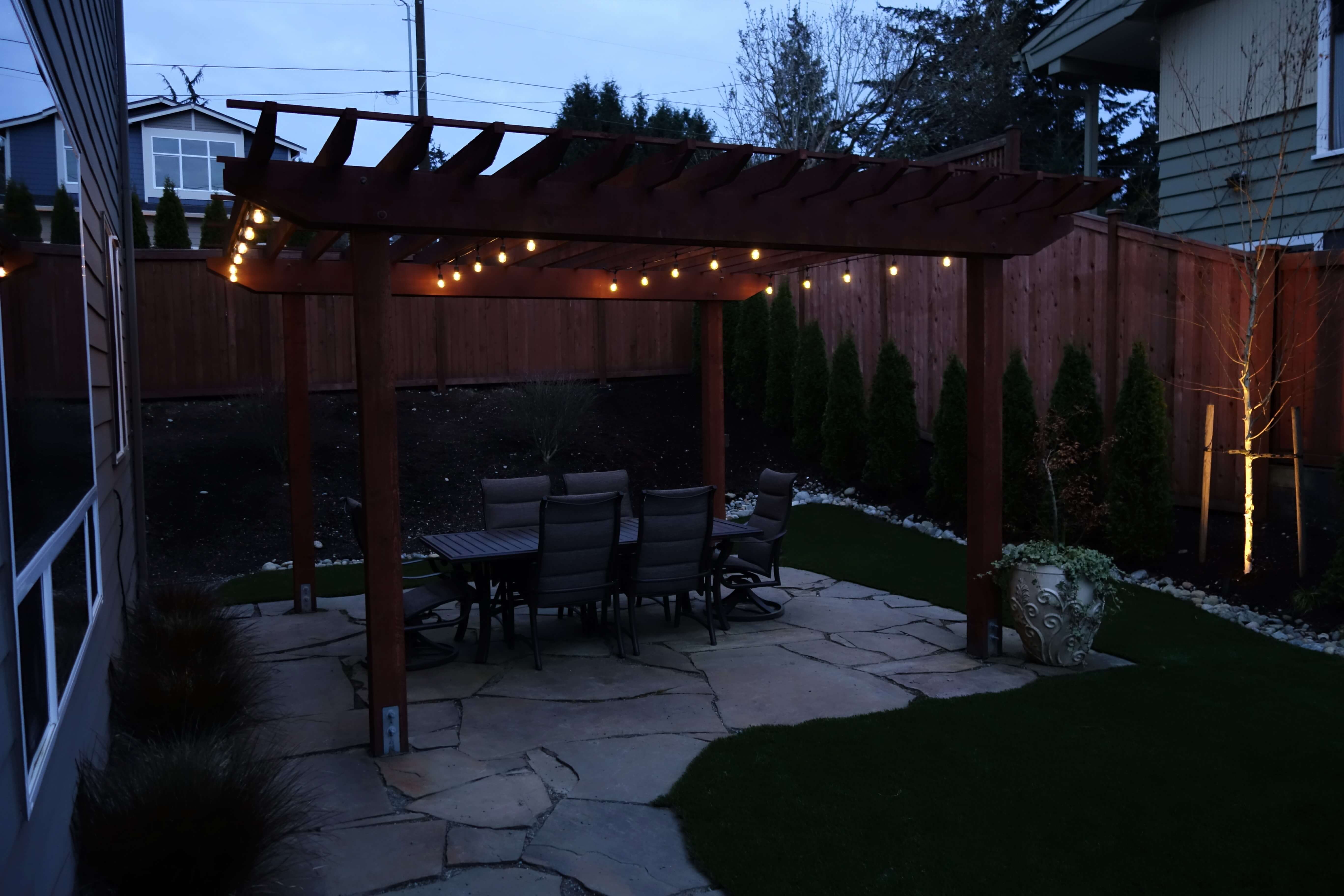 Outdoor patio with festive lights