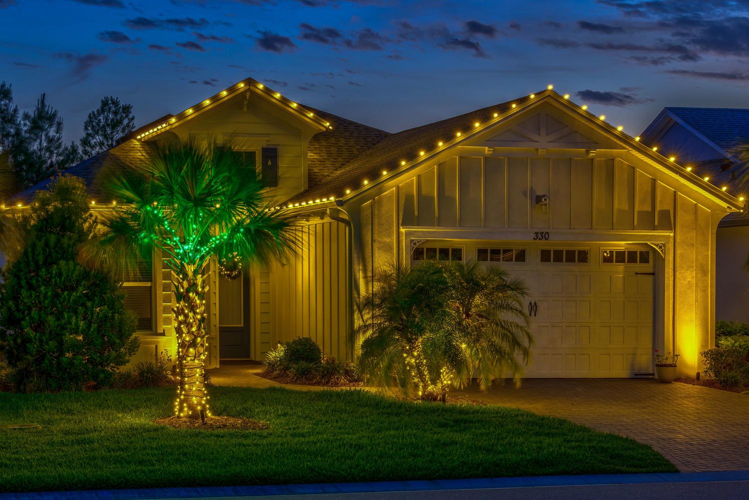 house with holiday lights and palm tree with lights