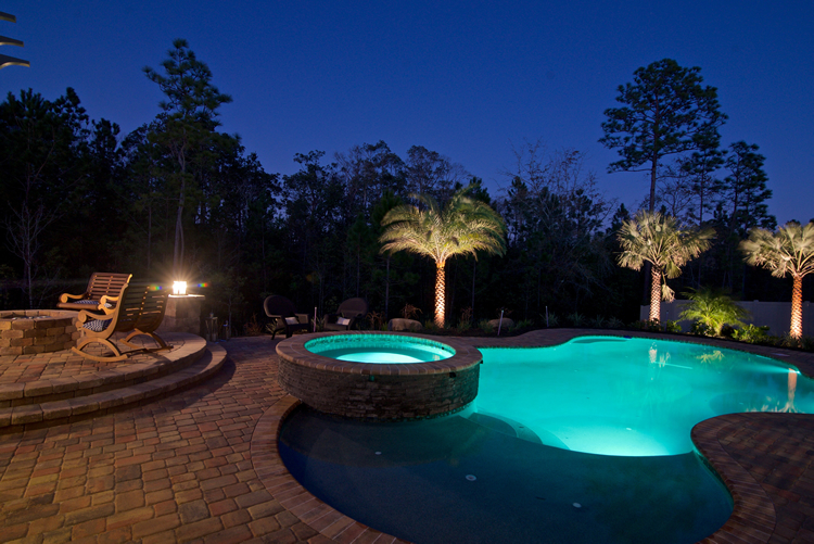 backyard with palm trees and pools illuminated