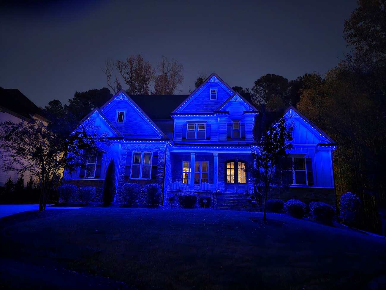 blue roofline lighting