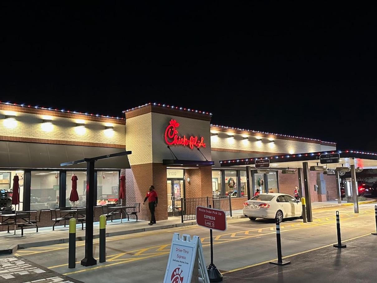 permanent roofline holiday lighting at Chick-fil-a