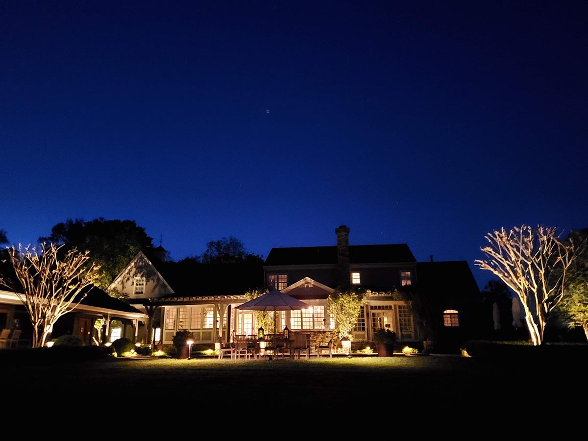 landscape lighting in the backyard of a home 