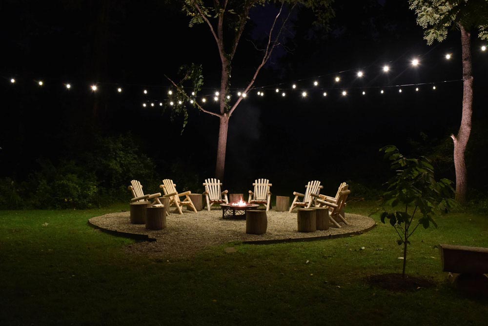 string lighting above seating area