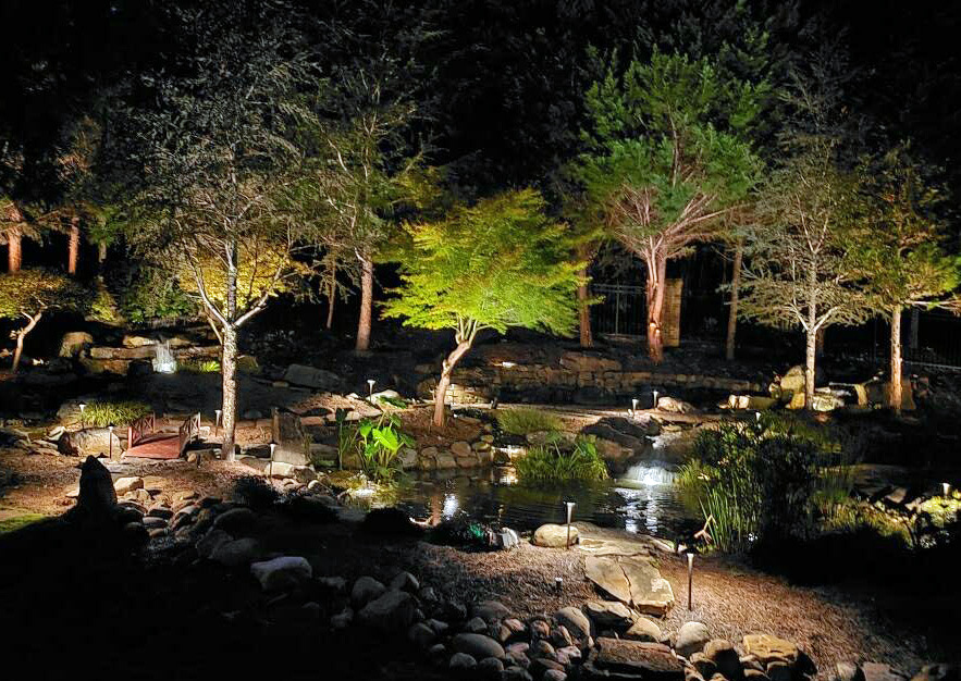 A group of trees tree uplighting surrounded with stones, a bridge and water