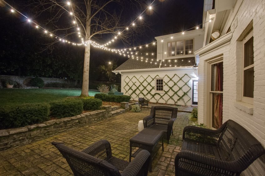 Outdoor string lighting at Long Island home