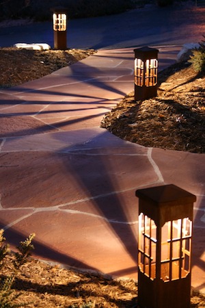 Pathway illuminated with decorative lanterns