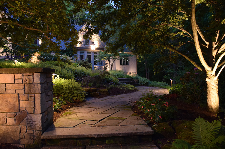 walkway to house with pathway lighting and garden lighting for dog safety
