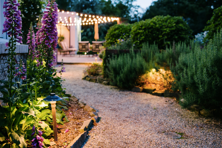 pathway garden lighting and patio with string lights in charlotte